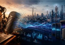 Is Radio Really Dying? Why India’s FM Industry Is Struggling to Stay Relevant Editorial illustration showing a professional radio microphone dissolving into digital sound waves flowing toward smartphones and broadcasting towers, symbolising the transformation of India's FM radio industry.
