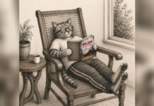 On the virtues of doing less Illustration of a relaxed cat reclining in a chair with a book and coffee, representing leisure, laziness and the pleasure of doing less