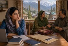 In Rural Kashmir, PCOS Fears Are Putting Young Women Under Pressure to Marry Earlier Editorial illustration of a young woman in rural Kashmir balancing university aspirations with family pressure surrounding marriage after a PCOS diagnosis.