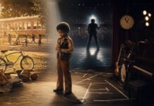 Michael Review: The Childhood He Never Got to Have Editorial illustration of a young child performer standing with a microphone between a playground and a dark rehearsal stage, symbolising childhood lost to fame and performance pressure.