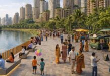 Dharavi Plan Proposes 3.3-km Mithi Riverfront, 40,000 Trees; Implementation Details Awaited Artistic representation of the proposed public promenade and green spaces along the Mithi River in Dharavi