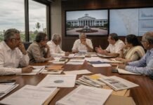 CPI(M) Admits Leader-Centric Campaign Backfired in Kerala Editorial illustration depicting senior political leaders reviewing election results and organisational reports during an internal strategy meeting, symbolising the CPI(M)’s post-election introspection in Kerala.