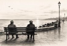 Until We Meet Again Two elderly men sit quietly on a Mumbai seaside promenade at dusk, reflecting as the sun sets over the Arabian Sea.