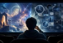 Immersion or Interrogation: How Do We Choose to Watch Fiction? Young viewer in a cinema facing a split screen depicting an imaginative fictional world on one side and symbols of analysis and critique on the other.