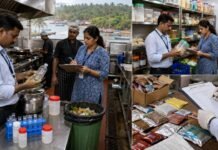 FDA Cracks Down on Food Businesses in Sindhudurg; 12 Establishments Served Closure Notices FDA officials inspecting a restaurant kitchen and food storage area in Sindhudurg while documenting food samples and seized prohibited products.