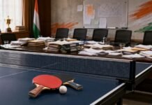 Sports Ministry Suspends TTFI Recognition as Governance Crisis Tests Indian Table Tennis Editorial illustration showing a table tennis table against an administrative boardroom backdrop, representing the governance crisis surrounding the Table Tennis Federation of India.