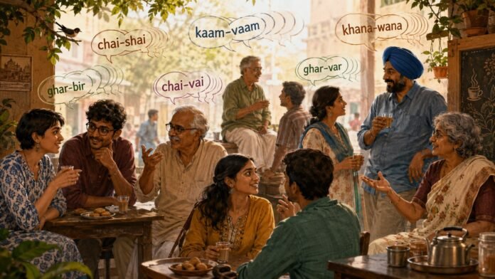 subrat-ratho-chay-shay-indian-colloquial-speech.jpg Editorial illustration representing Indian colloquial speech, slang and playful echo words across different languages