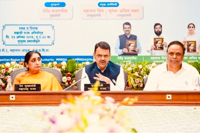fadnavis-mmrda-event-eknath-shinde-absence-mumbai.jpg Maharashtra Chief Minister Devendra Fadnavis with Deputy Chief Minister Sunetra Pawar and Ashish Shelar at the MMRDA infrastructure programme in Mumbai on August 13, 2026.