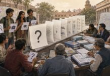 Must Every Protest Come With a Policy Paper? Editorial illustration showing young protesters questioning public policy while officials examine formal policy documents