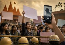 ALIFA Seeks RSS, BJP Action Against T.G. Mohandas Over Remarks on Student Protesters, Women Young women and students protesting behind police barricades, symbolising ALIFA’s demand for action against T.G. Mohandas over remarks on protesters and women.