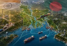 Re-anchoring the Bay of Bengal: How Bangladesh’s Political Reset Is Reshaping India’s Eastern Security Matrix Illustration of India and Bangladesh connected through Bay of Bengal shipping routes, railways, highways and power networks