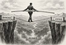 Enforcement demands courage. Authority demands humility Illustration symbolising the balance between enforcement, justice and humility in public administration.