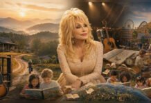 Dolly Parton: The Voice from the Hollow Editorial illustration of Dolly Parton surrounded by Appalachian mountains, music, Dollywood and children reading books, representing her life and legacy.