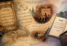 The Rich Journey of the Ghazal — From Arabia to India Editorial illustration tracing the journey of the ghazal from its Arabic origins through Persian poetry and the Indian mushaira tradition to Hindi and Marathi literary expression.
