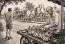 I Doubt, Therefore I Am Illustration of a Mumbai banana seller arranging bananas while demolished roadside shops stand in the background, symbolising compassion, doubt and everyday wisdom.
