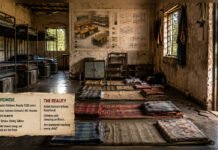 Three Deaths, a ₹200-Crore Legacy, and One Question: Why Are Tribal Children Still Sleeping on Floors? Editorial illustration contrasting Maharashtra’s Kayapalat promise of beds for tribal students with floor sleeping conditions highlighted by the Gadchiroli ashram school tragedy.