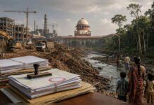NAJAR Opposes Statutory Route for Post-Facto Environmental Clearances, Seeks Constitution Bench Review Supreme Court of India between industrial construction and a threatened forest, symbolising post-facto environmental clearances.