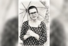 There Is the CJP and There Is a Girl Called Neha Bora Black-and-white sketch-style portrait of a young woman wearing glasses and holding an umbrella