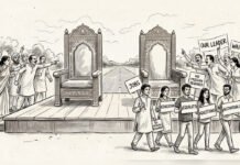 Politics Without a Saviour: Is Something Shifting? Editorial illustration showing young Indians walking past empty political thrones while raising questions about jobs, education, equality and accountability