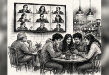 Suddenly, Their Language Offends Us Gen Z students laugh over a meme in a coffee shop while an angry television debate plays in the background.