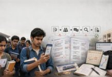UGC NET 2026: ABVP Questions NTA Over Errors in Three Papers, Seeks Support for Re-Exam Candidates Editorial illustration showing UGC NET aspirants facing a re-examination after errors in question papers, with symbols representing quality-control failures, travel and additional costs