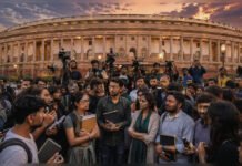The Voice of the Youth and the Triumph of Democracy: A New Test for Government, Media, and Accountability Young Indians gather outside Parliament as journalists and television crews document events, symbolising youth participation, democratic engagement and media accountability in India.