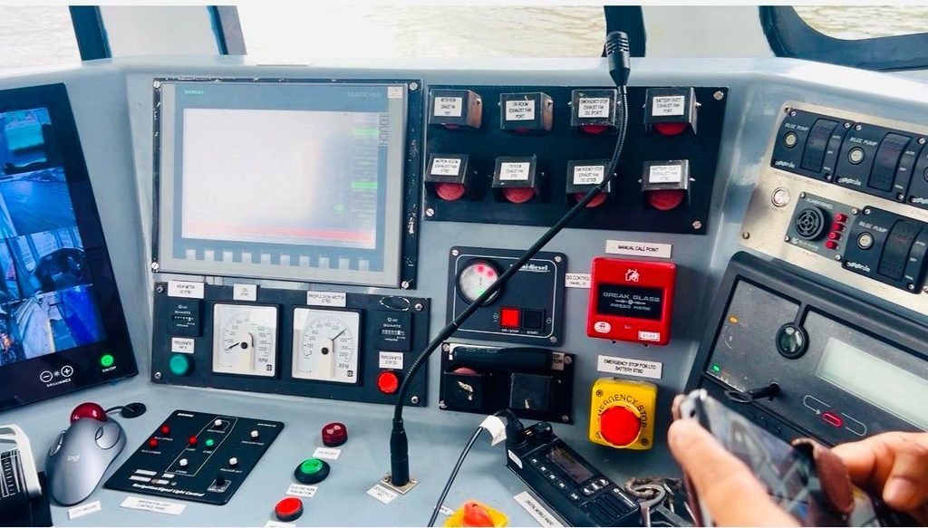 Control console inside a Kochi Water Metro electric passenger vessel