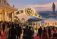 National Film Awards Move to Gujarat: Why the Ceremony Is Leaving Delhi After Decades Editorial illustration showing the National Film Awards moving from a formal Delhi awards venue toward Ekta Nagar in Gujarat, with the Statue of Unity in the background.