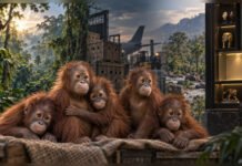 The Rich Can Have Other Toys Five baby orangutans in a representational illustration linking their rainforest habitat with wildlife trafficking, transport and the luxury trade in rare animals
