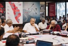 CPI(M)’s Course-Correction Huddle Likely to Spare Party Bigwigs CPI(M) leaders at a Kerala course-correction meeting following the party’s 2026 Assembly election defeat, with an electoral map and uncertain political path in the background.