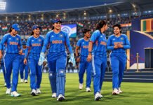 India Take Back the Asia Cup: An Emphatic Win With a Complicated Ending Editorial illustration of India women cricketers celebrating their 2026 Asia Cup victory with an empty trophy podium in the background