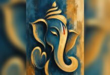 The God We Treat Like a Friend Artistic illustration of Lord Ganesha in blue and gold representing the warmth and familiarity devotees associate with Ganpati Bappa