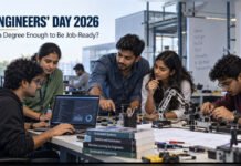 Engineers’ Day Special: Why a Degree Alone May No Longer Make an Engineer Job-Ready Young Indian engineering students working together on coding, robotics and electronics projects in a modern lab for an Engineers’ Day feature on job readiness.