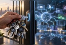 We Are About to Give AI the Keys. Who Is Guarding the Door? Editorial illustration of a human holding digital access keys at the gateway to an interconnected AI agent system