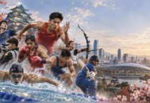 Aichi-Nagoya Awaits: Asia’s Sporting Power Struggle Begins Editorial illustration of Asian athletes competing in multiple sports against an Aichi-Nagoya, Japan backdrop ahead of the 2026 Asian Games
