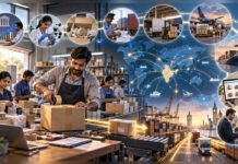 Can India’s New Export Push Create a New Generation of MSME Exporters? Indian MSME workers preparing products for export, connected to finance, certification, logistics, e-commerce, air freight and container shipping networks.