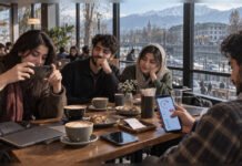 The Illusion of Affluence: What’s Behind Kashmir Gen Z’s Visible Spending? Young Kashmiris at a Srinagar café using smartphones, illustrating Gen Z spending, social media and digital payments.