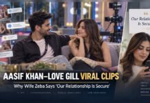 Aasif Khan–Love Gill Viral Clips Explained: Why Wife Zeba Says ‘Our Relationship Is Secure’ Editorial illustration showing fictional reality-show contestants alongside viral social media clips and a statement card reading “Our Relationship Is Secure,” representing the Aasif Khan–Love Gill controversy and Zeba’s response.