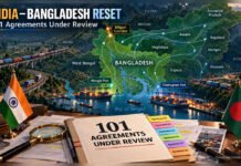 India–Bangladesh Reset: What Dhaka’s Agreement Review Means for Northeast Connectivity Editorial illustration showing the flags of India and Bangladesh, documents marked “101 Agreements Under Review,” ports and a conceptual Northeast connectivity network.