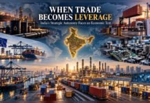When Trade Becomes Leverage: The Economic Limits of India’s Strategic Autonomy “Editorial illustration showing India at the centre of global economic pressures involving Russian oil, U.S. tariffs, European trade, Chinese industrial inputs and Indian ports, refineries and supply chains.”