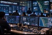 Inside Kerala Police’s P-Hunt: 7,862 Searches, 2,172 Cases in Fight Against Online Child Abuse Investigative illustration showing Kerala Police Operation P-Hunt cyber intelligence, digital tracking and seized devices