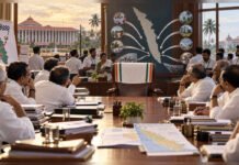 After Big Poll Win, Congress in Keralam Gets Stuck at Organisational Pitch Editorial illustration depicting an empty KPCC leadership chair as Congress weighs competing organisational equations after its Kerala Assembly election victory.