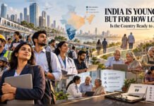 India Is Young. But Is It Ready to Age? “Editorial illustration showing India’s demographic transition from a young working-age population toward an ageing society, with healthcare, pensions, long-term care and active ageing represented.”