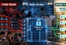 ₹104 Crore Put on Hold, ₹46.89 Crore Refunded: Why Cyber Fraud Victims Still Struggle to Get Their Money Back Editorial illustration showing cyber fraud money moving through mule accounts, ₹104.01 crore placed on hold and ₹46.89 crore refunded to victims
