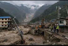 Nepal Flash Floods Expose Himalayan Early-Warning Gaps; Lamsal Foundation Seeks Global Support Editorial illustration showing a devastating Himalayan flash flood, damaged infrastructure and disrupted monitoring systems in Nepal’s Rasuwa-Trishuli corridor.