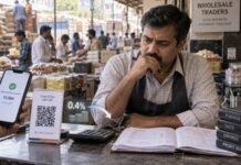 CAMIT, AIEA Oppose 0.4% UPI MDR, Warn Thin-Margin Traders May Shift Away From Digital Payments Indian wholesale trader at his counter as a ₹2,500 UPI payment is completed, illustrating the impact of the new 0.4% merchant discount rate on business costs.