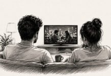 India’s Real Soft Power May Not Be What We Think Sketch illustration of a couple watching an Indian relationship drama on television, representing cinema and streaming as forms of India’s cultural soft power