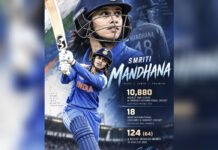 A New Milestone in Women’s Cricket: Smriti Mandhana’s Record-Breaking Masterclass Editorial illustration of Smriti Mandhana celebrating 10,880 international runs and 18 centuries after scoring 124 in the Women’s Asia Cup 2026
