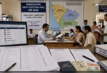 Sindhudurg Draft Electoral Roll Lists 6.05 Lakh Voters After SIR-2026 Election officials and voters reviewing the Sindhudurg draft electoral roll under SIR-2026 at a verification centre.