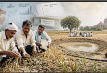 AIKS Seeks ₹1.2 Lakh Crore Drought Package, Warns of Nationwide Farmers’ Agitation Adult farmers examine drought-damaged Kharif crops in an editorial illustration depicting rainfall deficit, declining sowing and demands for drought relief in India.